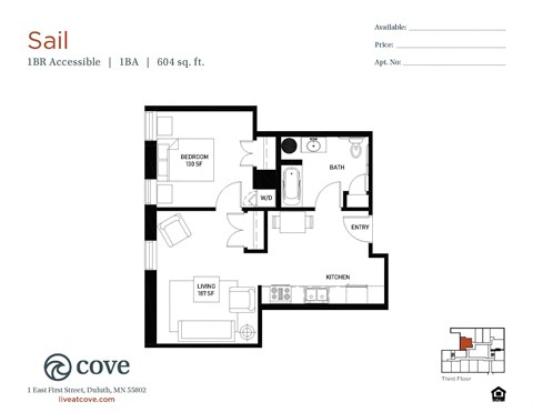 Floor plan for 1 bed, 1 bath, 604 sqft